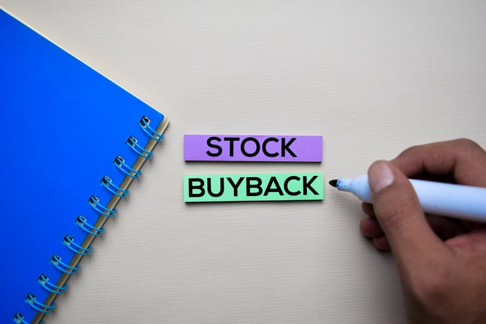 Stock buyback written on a note card.
