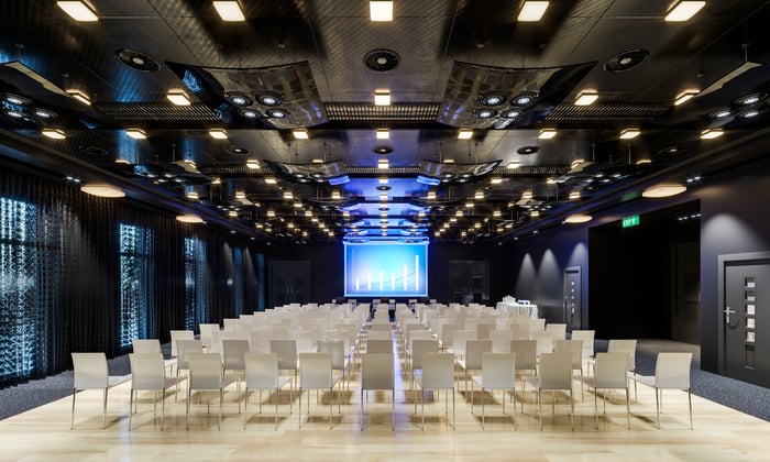 Chairs lined up in presentation hall.