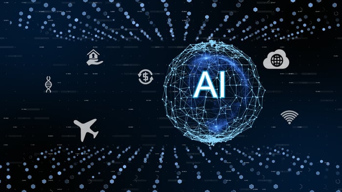 Digital AI globe with network lines and icons representing industries like healthcare, travel, and finance.