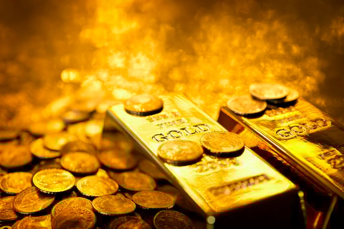 Gold bars and coins. 