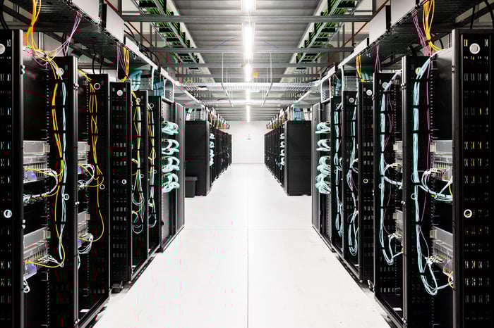 A row of Nebius' data center servers.