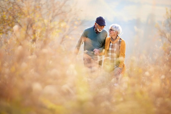 Two people strolling through a field.