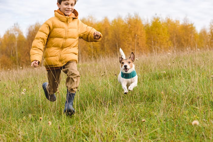 A child runs through a prarieland type of setting at dusk with their small dug running alongside of them.