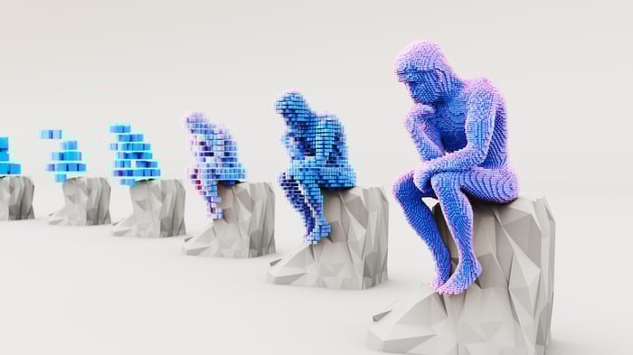 Digital thinkers, represented with purple and blue digital bits.