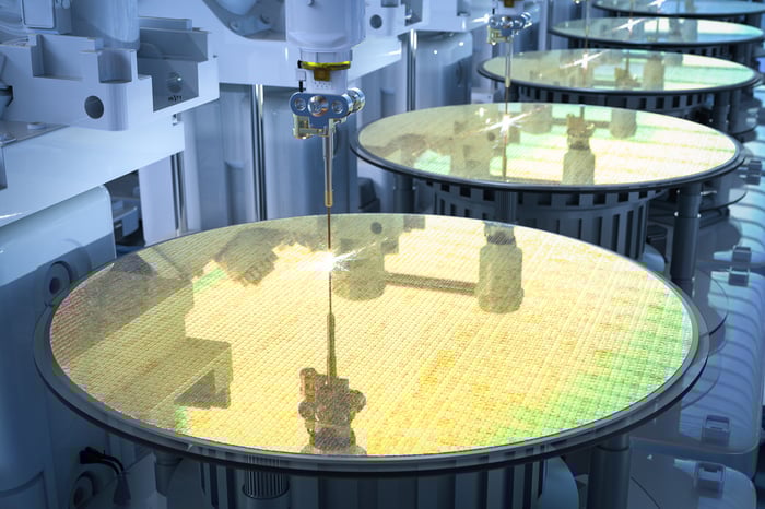 Semiconductor wafers in a manufacturing line. 