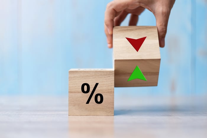 A wooden block displaying a percentage sign next to hand holding a wooden block displaying a green arrow pointing up on one side and a red arrow pointing down on another side.