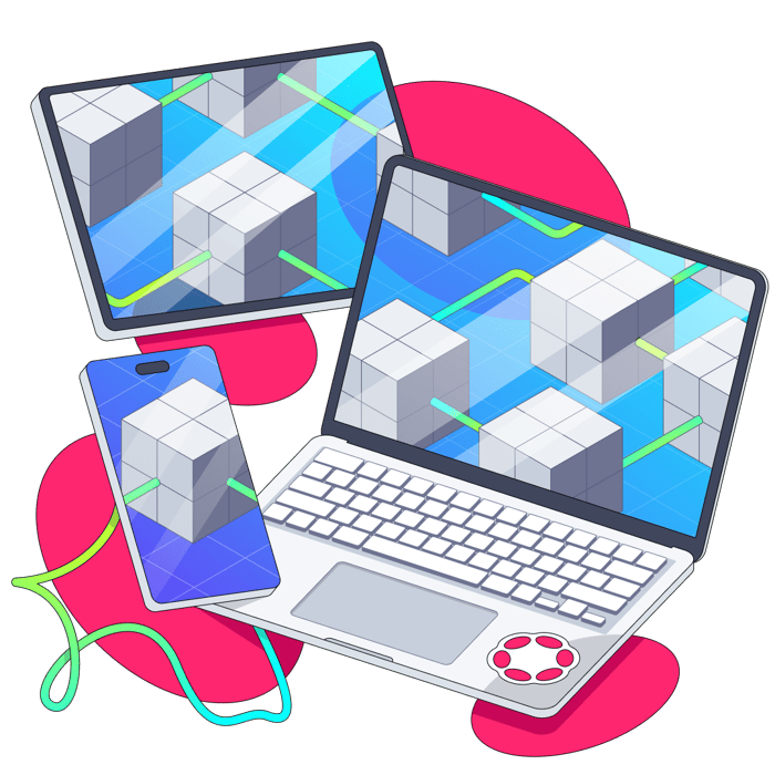 Rendering of computers and phones connected by a green line. There's a large Polkadot logo in the background and a smaller one on the laptop.