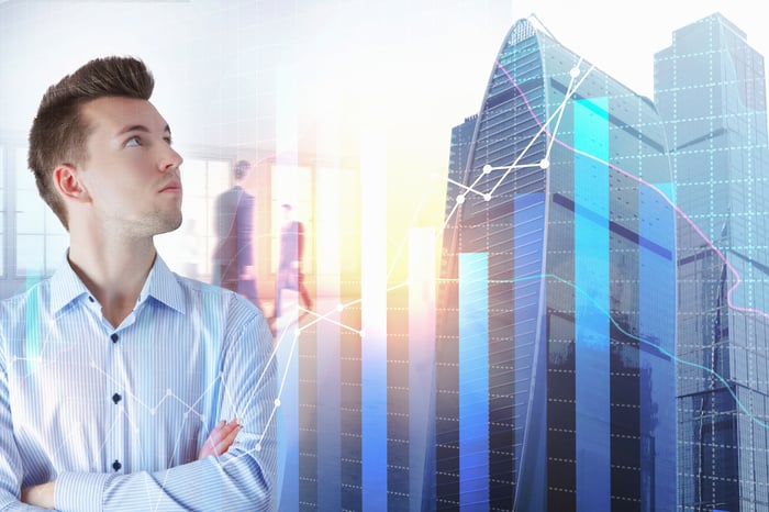 An investor looking at bar and line charts superimposed over a digital skyline.