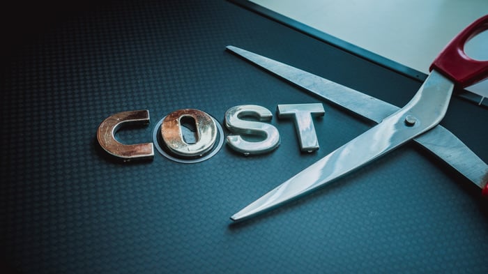 Scissors cutting the word 'cost'.