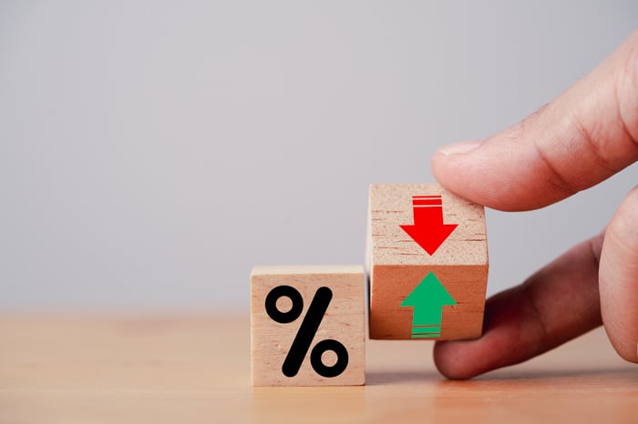 A hand turning wooden blocks showing a percentage symbol and arrows pointing up and down.