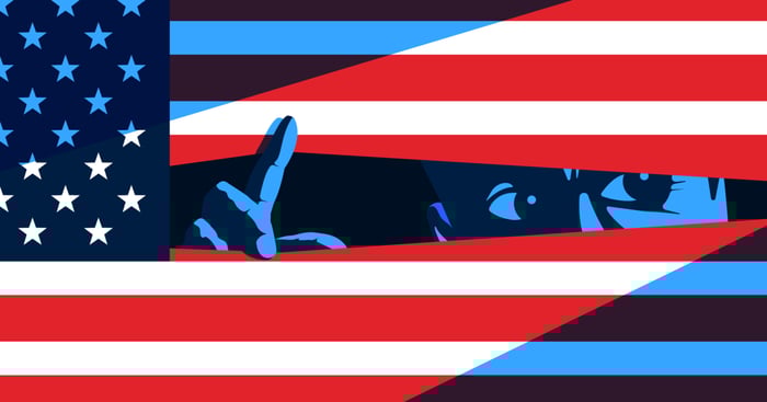 An American flag with someone "peeking through the blinds" of the stripes. 