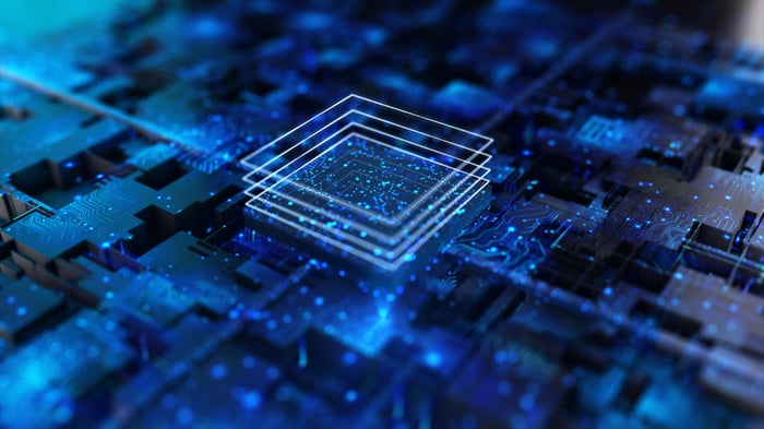 The outline of a processor on a logic board.