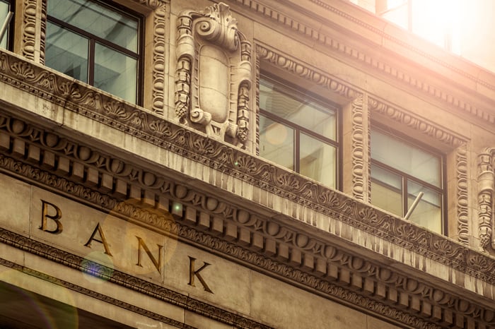 A portion of the exterior of a bank building.