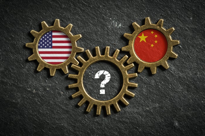 Interconnected gears showing the U.S. and Chinese flags.