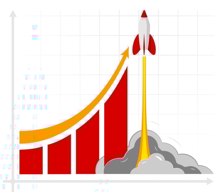 Rising stock chart ending in a rocket blasting straight up.