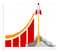 Rising stock chart ending in a rocket blasting straight up.