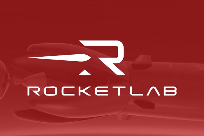 The Rocket Lab logo and its name sits against a red backdrop.