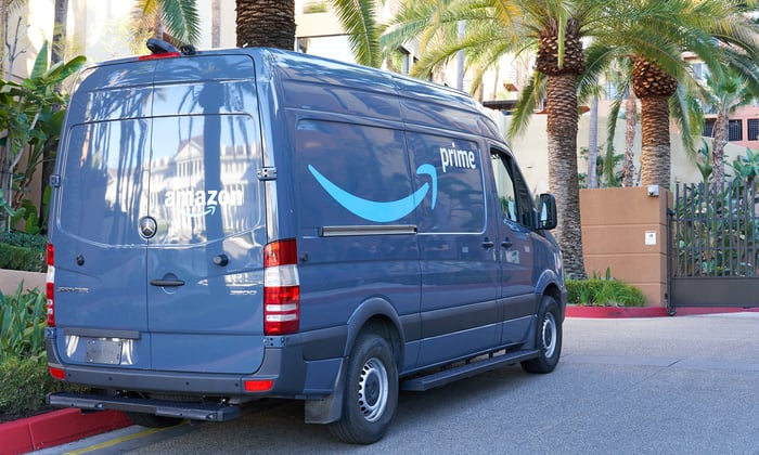 Amazon prime van on street.
