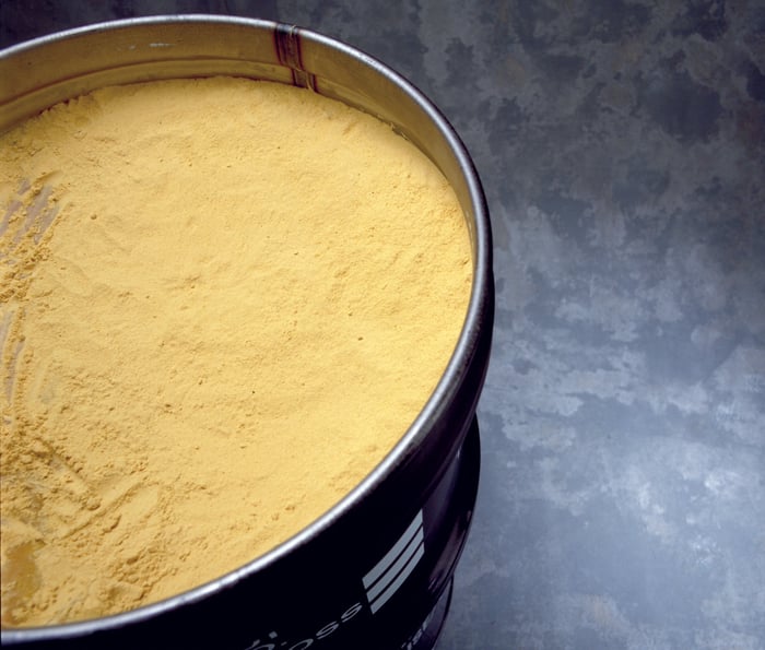 Yellowcake in a drum at Cameco's Rabbit Lake facility. 