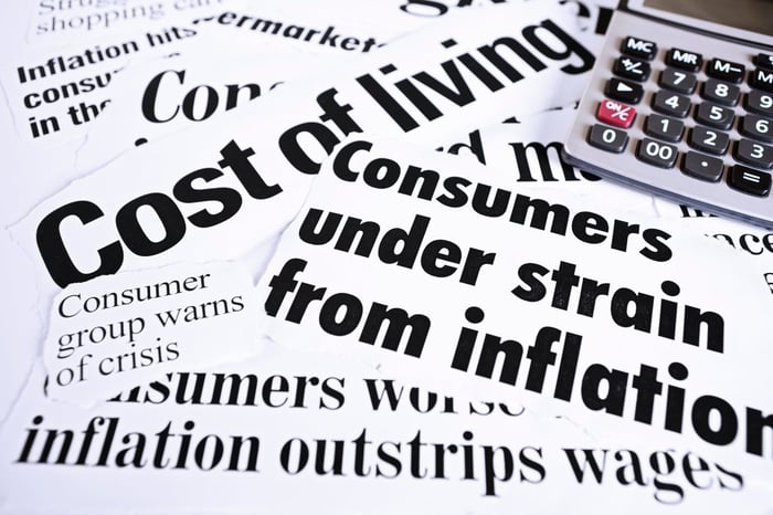 News headlines about cost of living and consumer strain stacked on top of each other. 