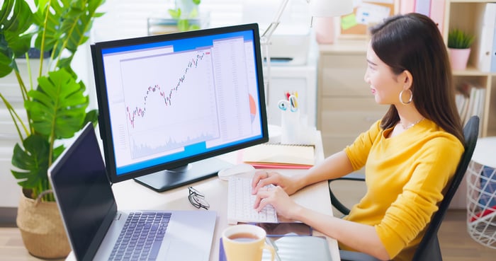 Businesswoman studying stock charts on desktop monitor.