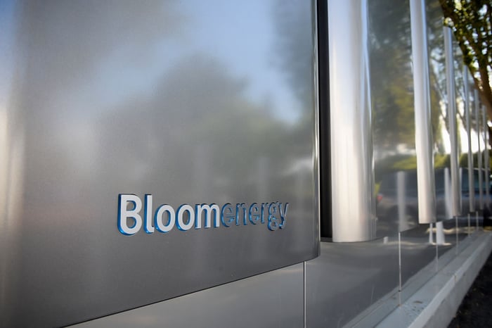 Grey colored Bloom Energy fuel cells with company emblem.