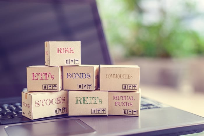 Small brown boxes stacked on top of each other. Each box is labeled with a type of investment, like "stocks" and "mutual funds." 