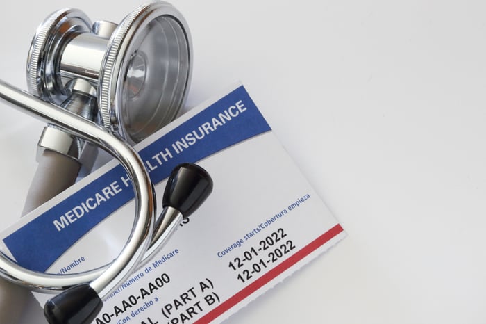 A medicare health insurance card and a stethoscope. 