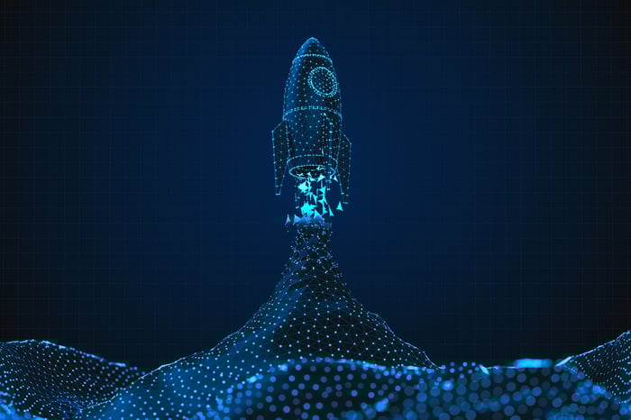 A digitalized rocket ship blasting off, illustrating the artificial intelligence digital transformation.