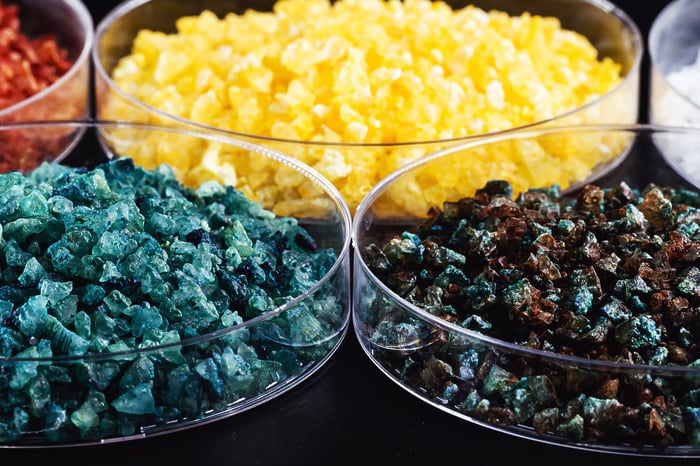 Petri dishes of different colored minerals. 