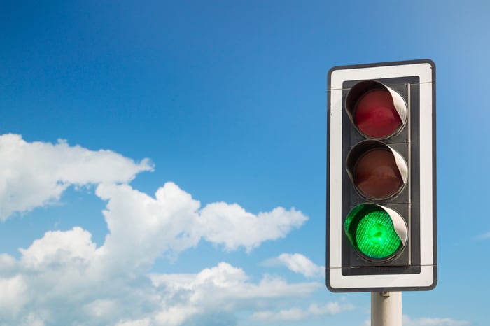 Green stoplight against blue skies.