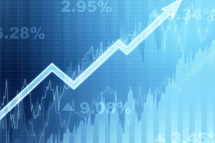 Arrow pointing 45 degrees upward to the right in front of stock charts.