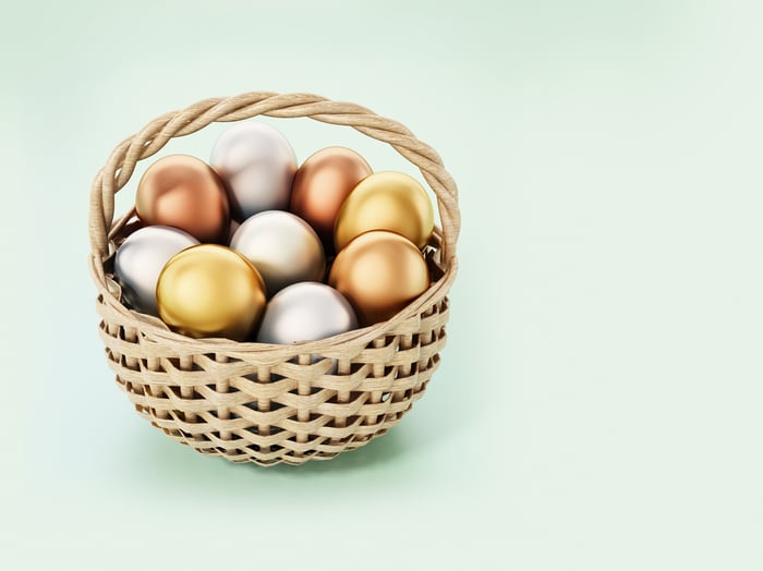 A basket with metallic eggs in it.