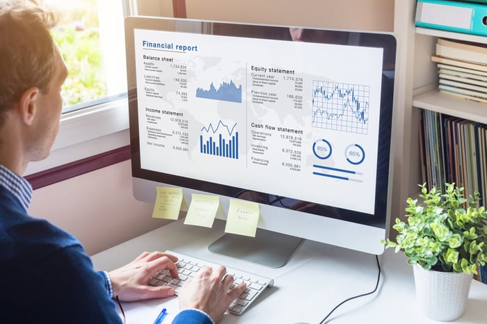 Someone looking at a monitor with charts and graphs.