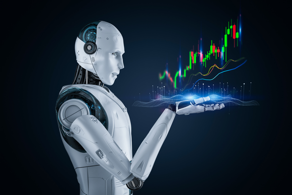 An AI-powered robot holds a digital bar chart showing an upward trend line.