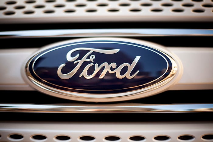 Ford emblem on front of car.
