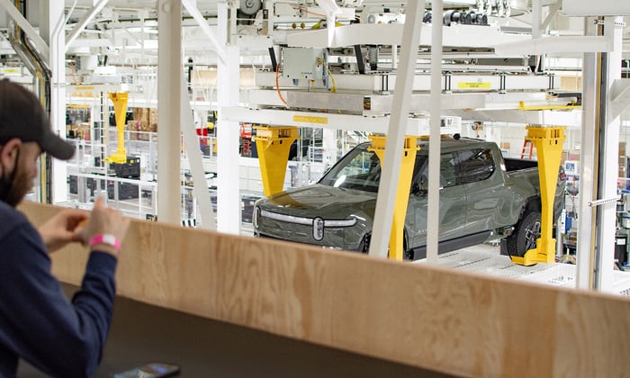 Rivian vehicle in factory