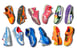 6 different pairs of brightly colored Nike shoes on white background