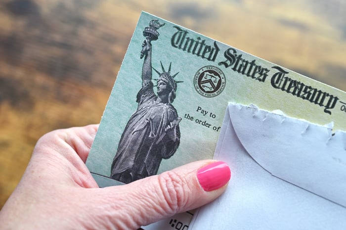 A hand is holding a Social Security check.