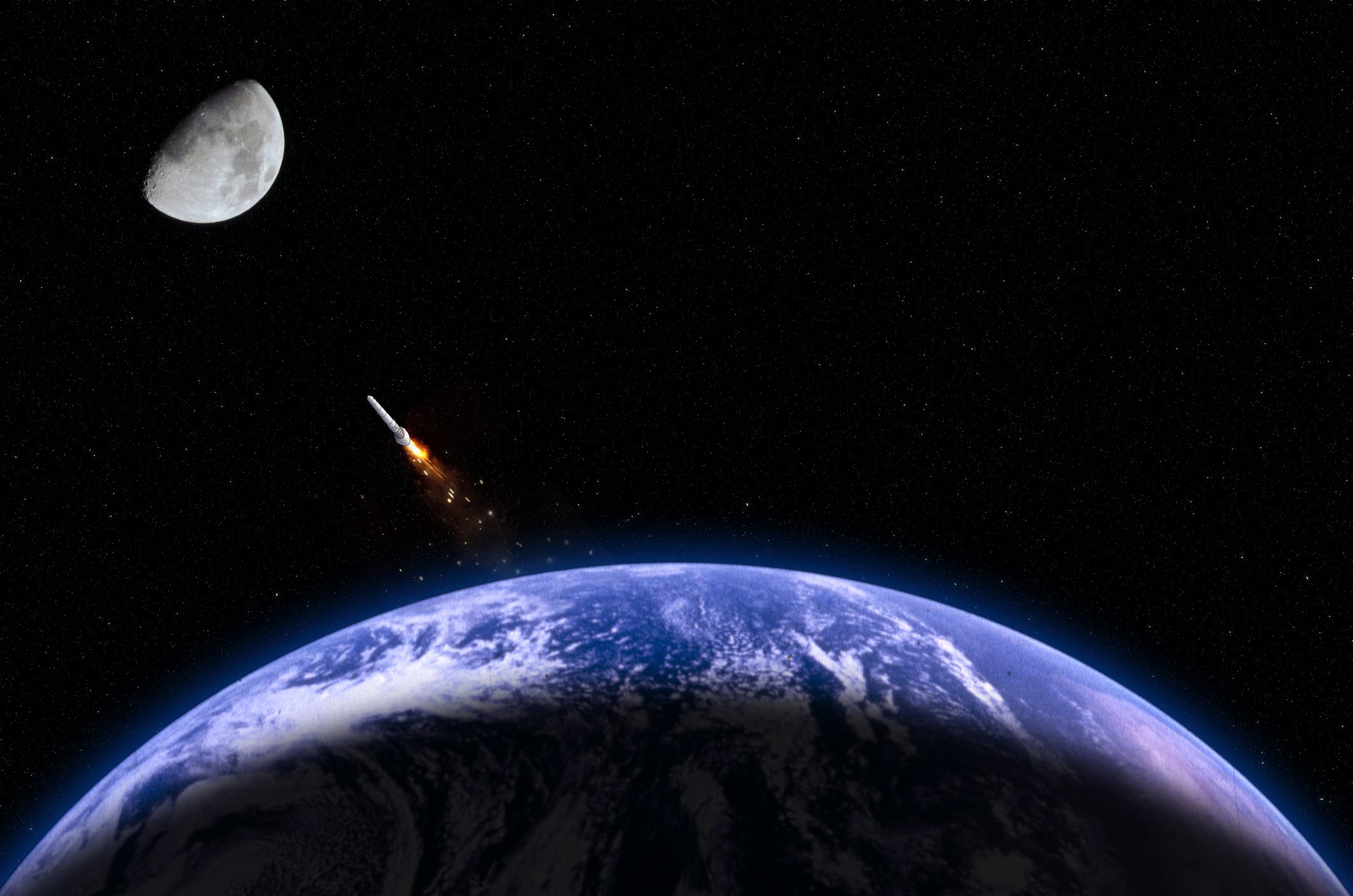 Not to scale image of a rocket traveling from Earth to the Moon.