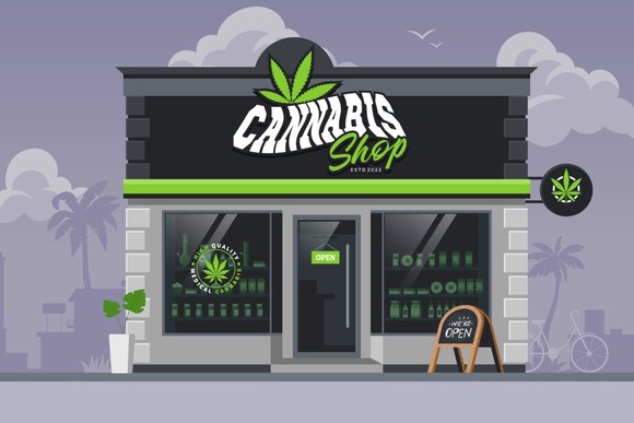 Marijuana store with We're Open sign out front.