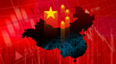 Red Chinese flag with a stock market superimposed and a big black hole shaped like China in the middle.