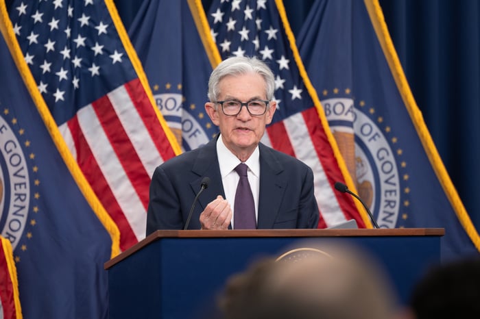 Federal Reserve Chairmain Jerome Powell answers reporters' questions at an FOMC press conference.