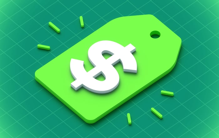 A green price tag with a dollar sign on it, superimposed over a green background.