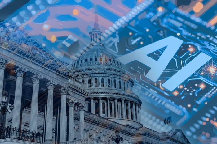Stylized image of AI superimposed behind U.S. Capitol dome.