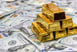 A stack of gold bars sitting on top of American dollars