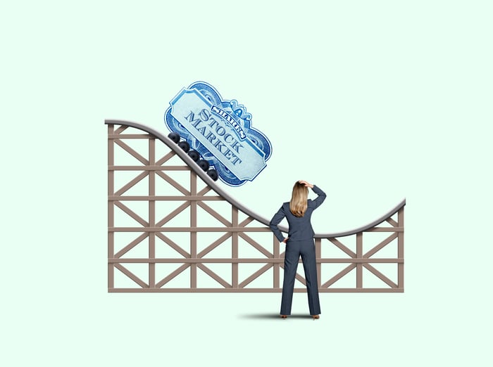 A card that says Stock Market on a roller-coaster track.