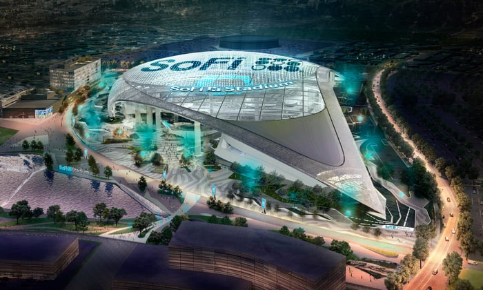 Aerial view of SoFi Stadium at night.