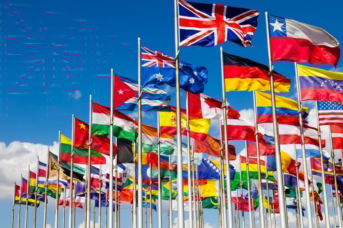 Dozens of different national flags are shown.