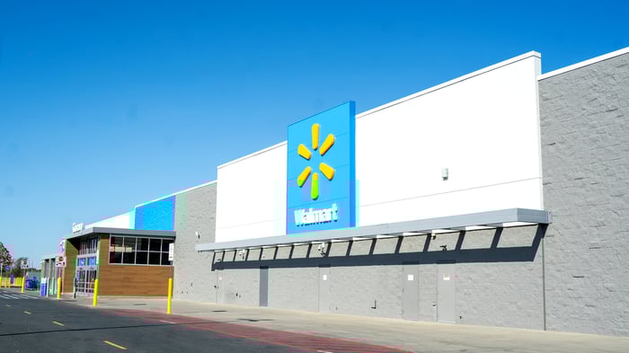 The exterior of a Walmart store.